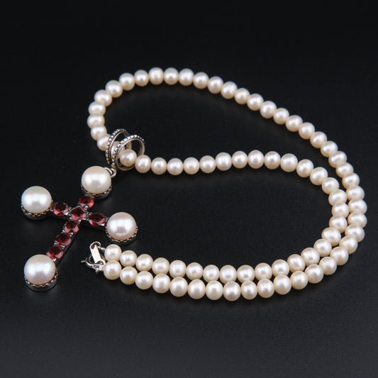 ❤️ Vintage 925 Silver Pearl Garnet Cross Necklace 16"