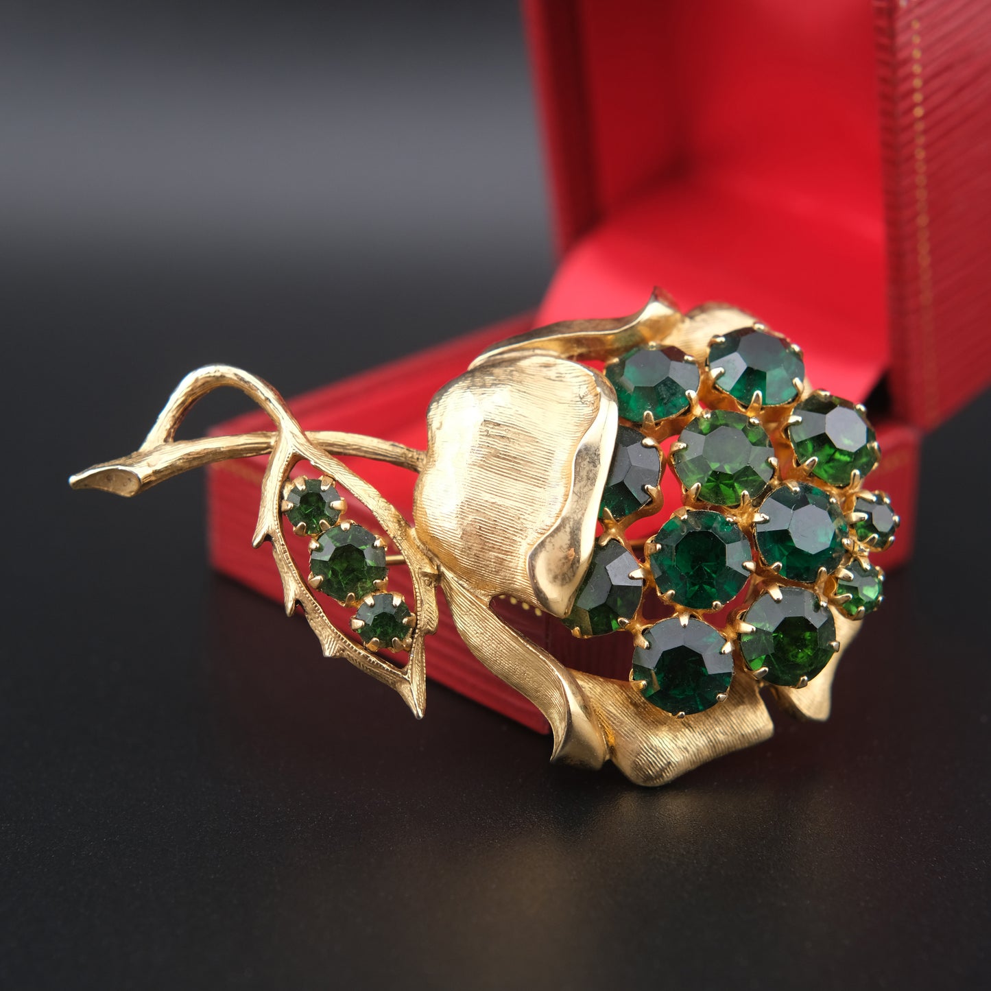 Vintage Gold-Tone Flower Brooch with Emerald Green Rhinestones