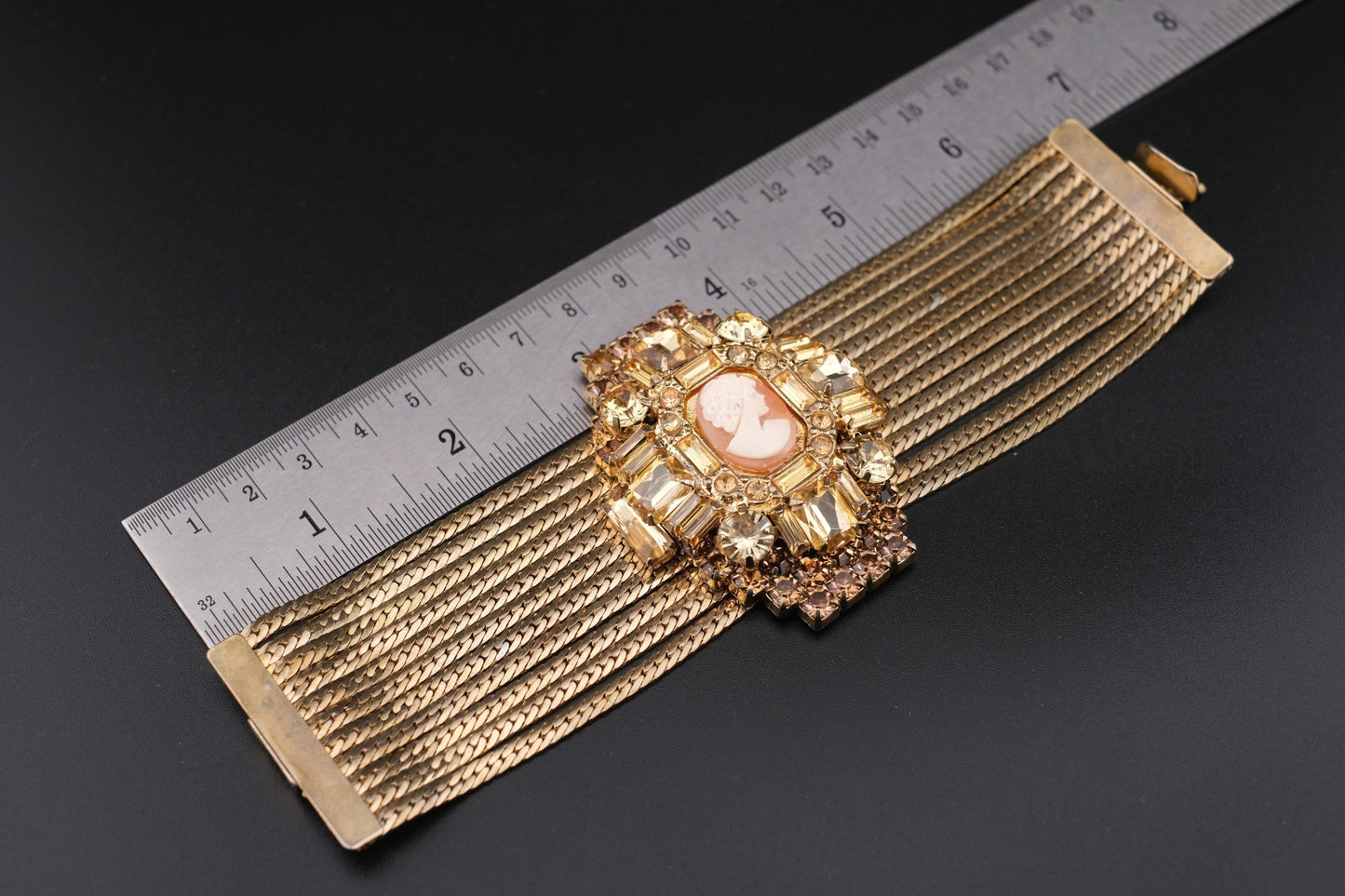 Vintage Cameo & Rhinestone Wide Mesh Bracelet – Statement Gold Tone Cuff