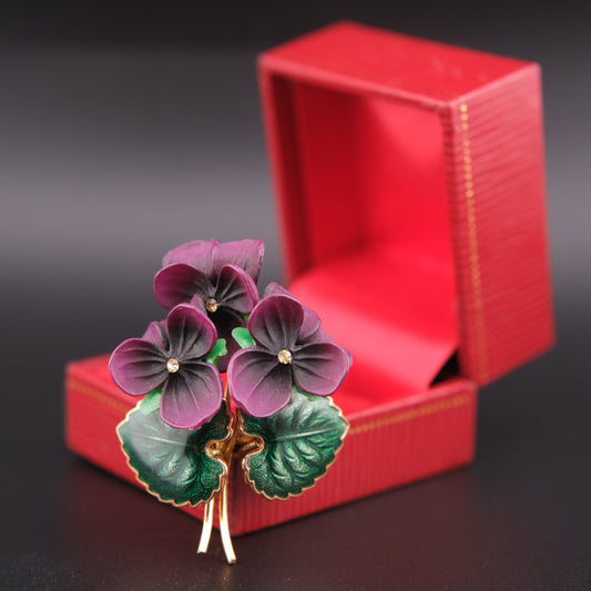 ❤️ Vintage West Germany Violet Flower Brooch – Purple Frosted Petals & Enamel Leaves