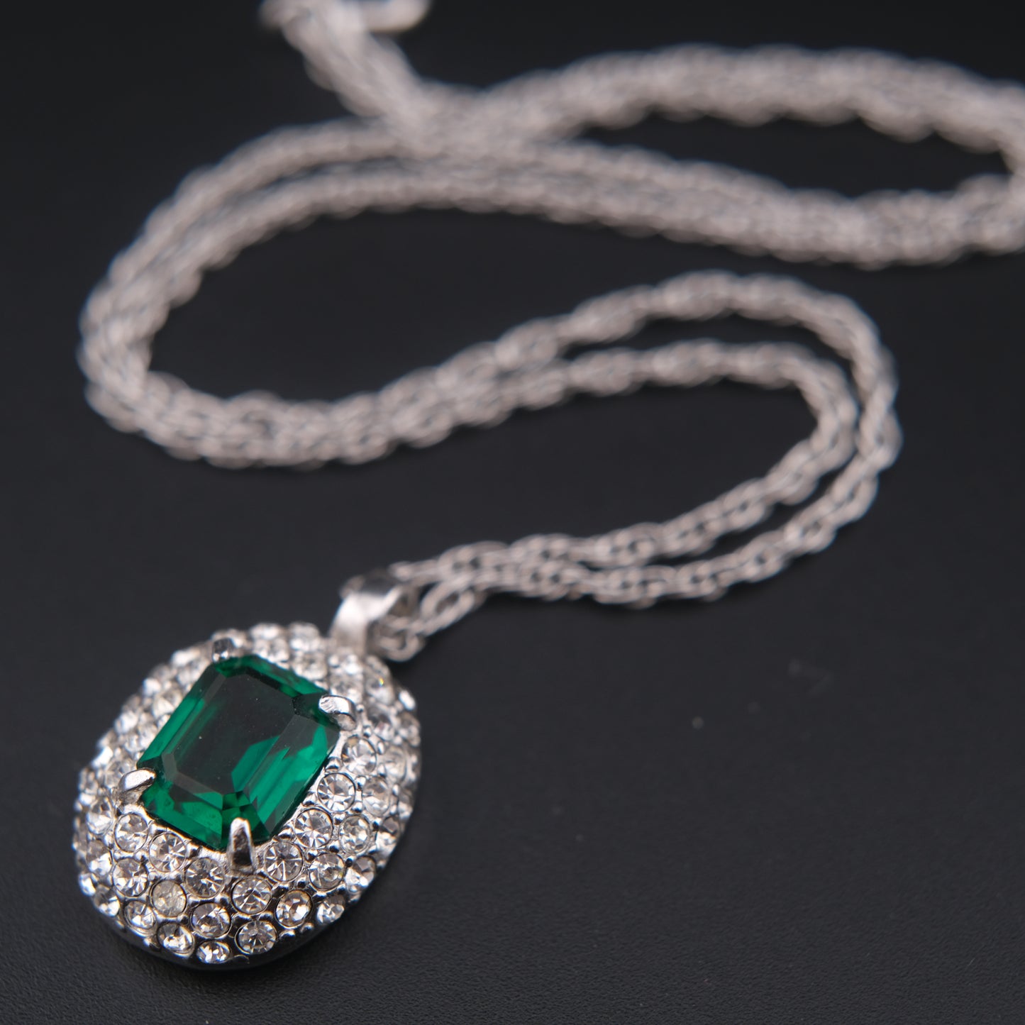 Emerald Green Crystal Pendant Necklace – Vintage Attwood & Sawyer (A&S) Silver Tone