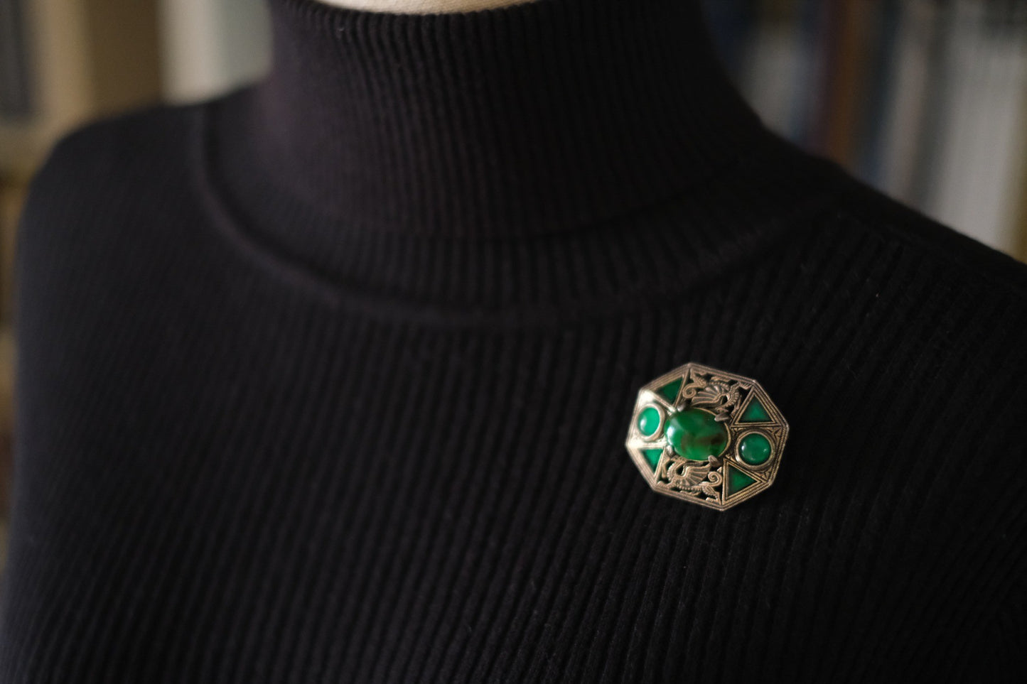 Rare Vintage Miracle Brooch – Medieval Dragon & Celtic Design with Green Glass