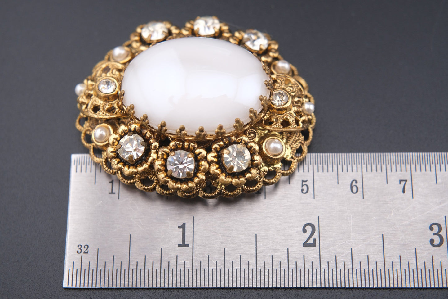 🤍 Vintage West Germany White Cabochon Filigree Brooch with Faux Pearls & Rhinestones