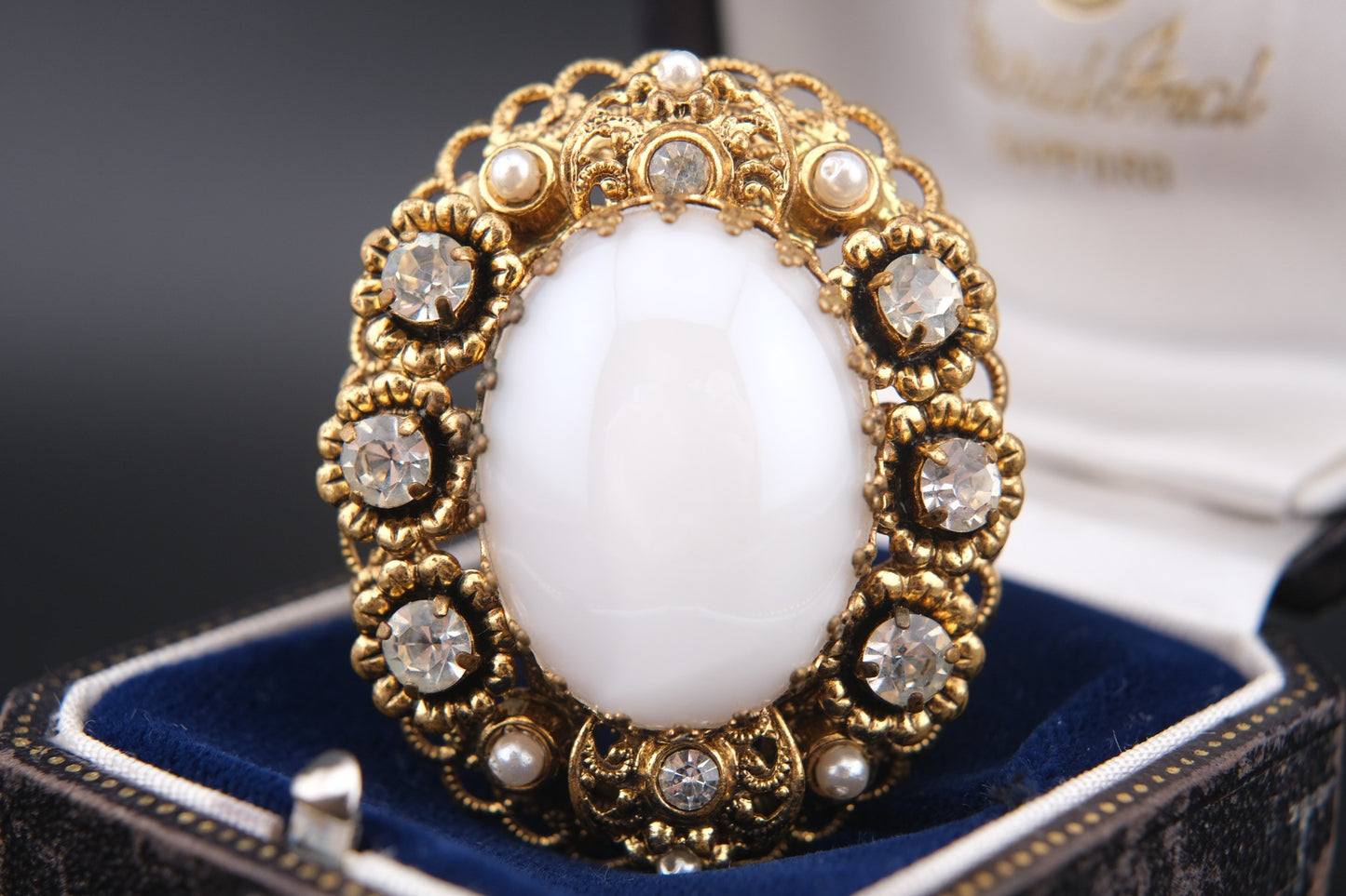 🤍 Vintage West Germany White Cabochon Filigree Brooch with Faux Pearls & Rhinestones