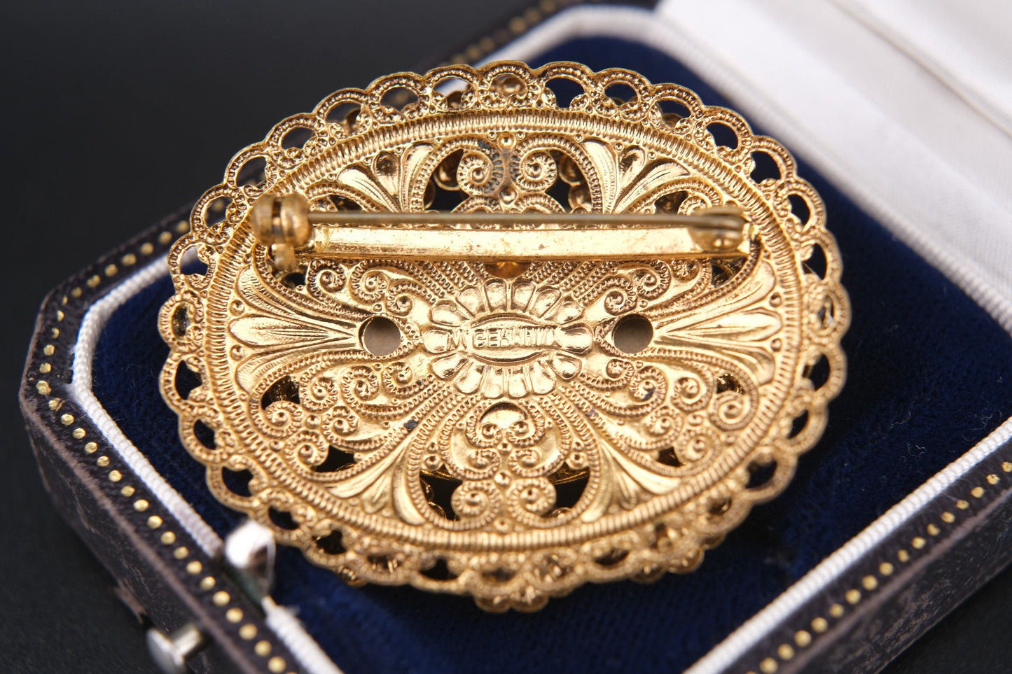 🤍 Vintage West Germany White Cabochon Filigree Brooch with Faux Pearls & Rhinestones