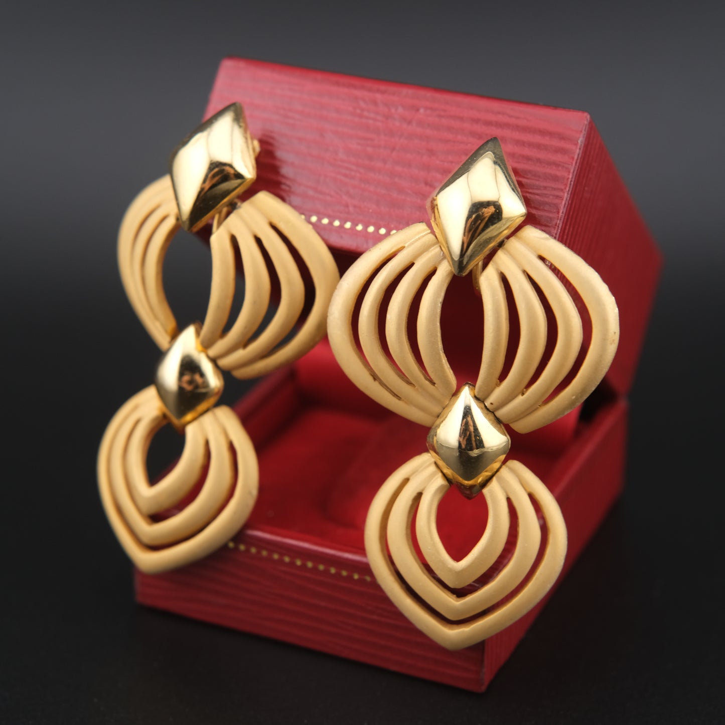 Vintage Signed Hobé Matte & Polished Gold Dangle Drop Earrings