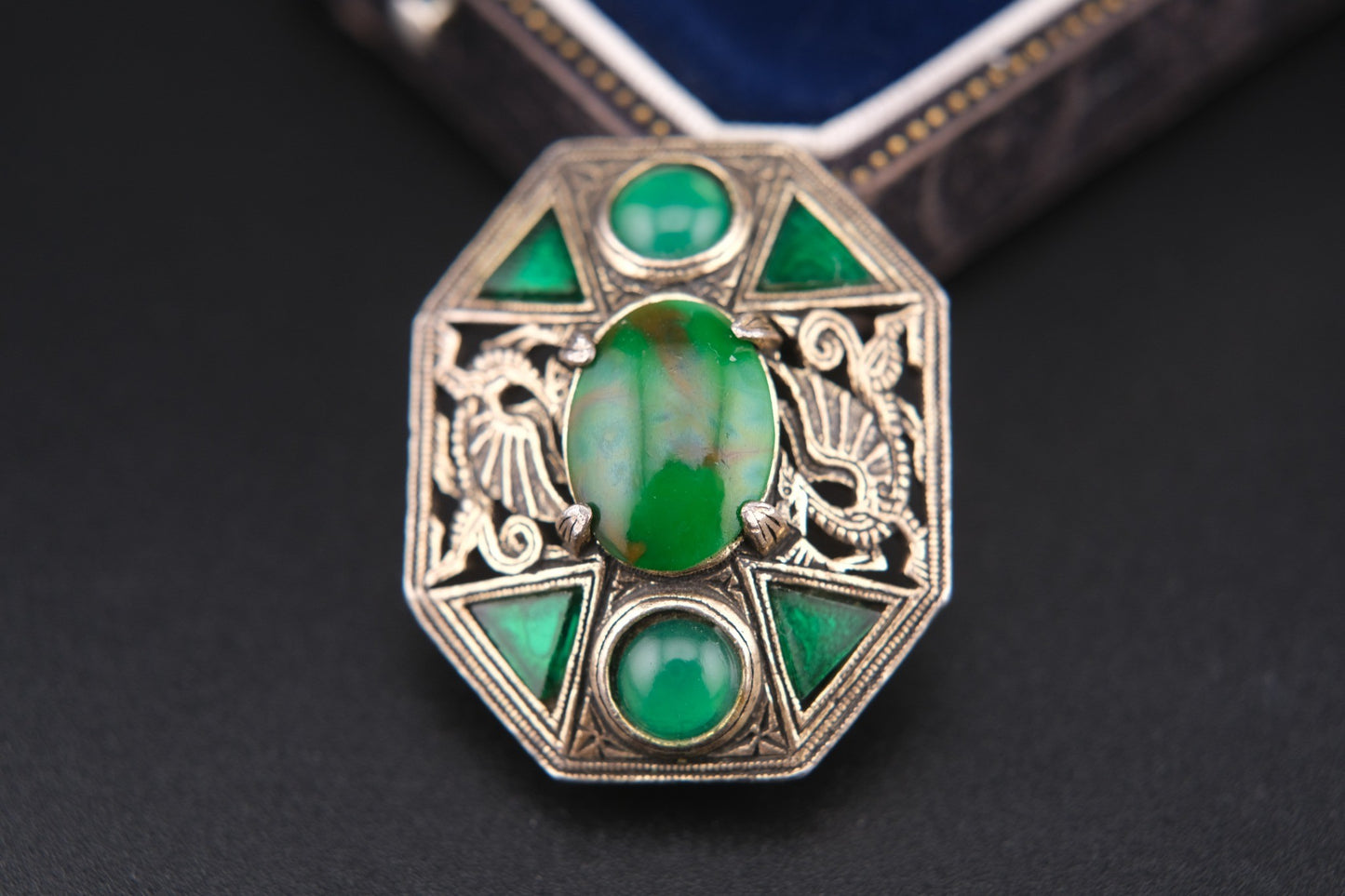Rare Vintage Miracle Brooch – Medieval Dragon & Celtic Design with Green Glass