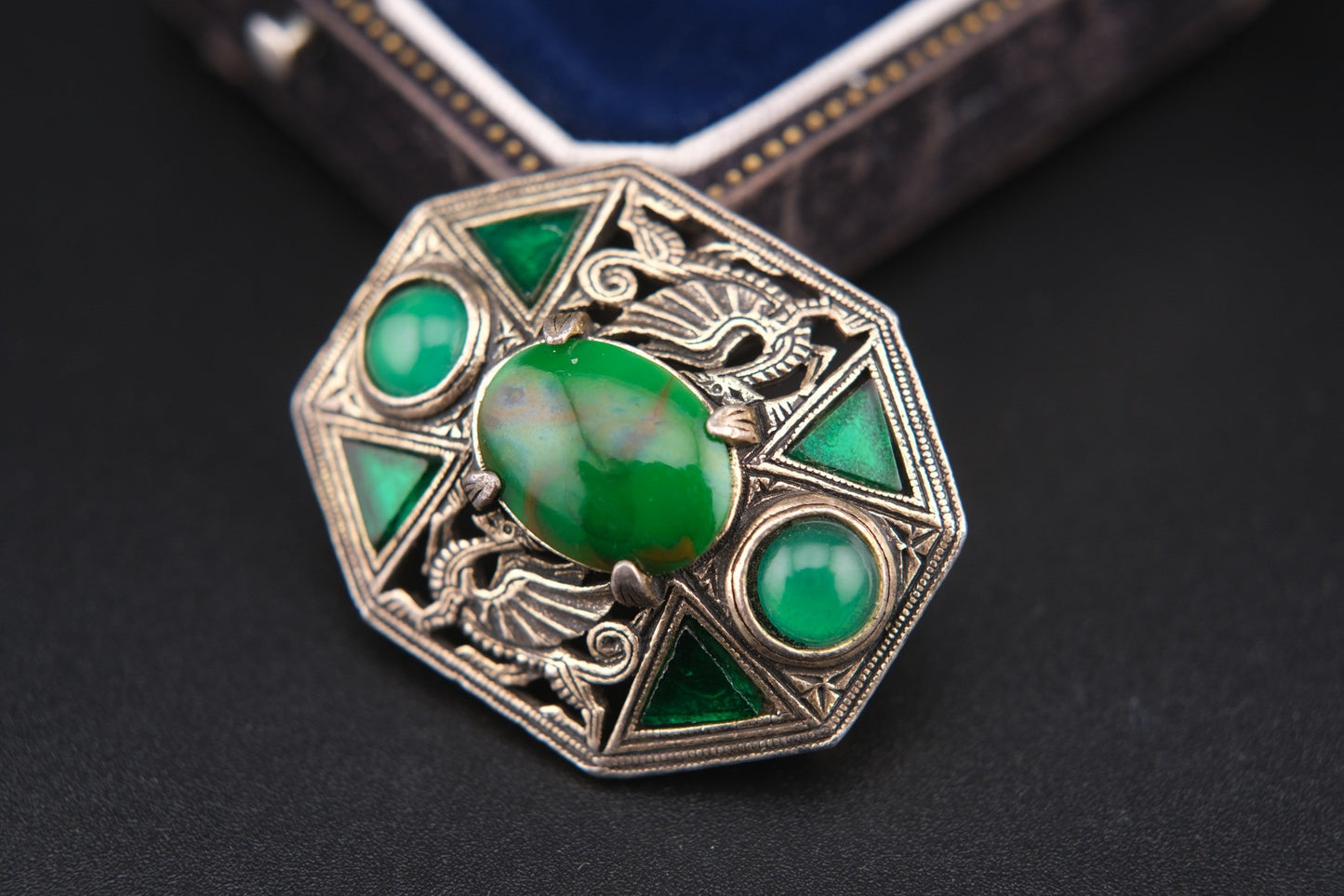 Rare Vintage Miracle Brooch – Medieval Dragon & Celtic Design with Green Glass