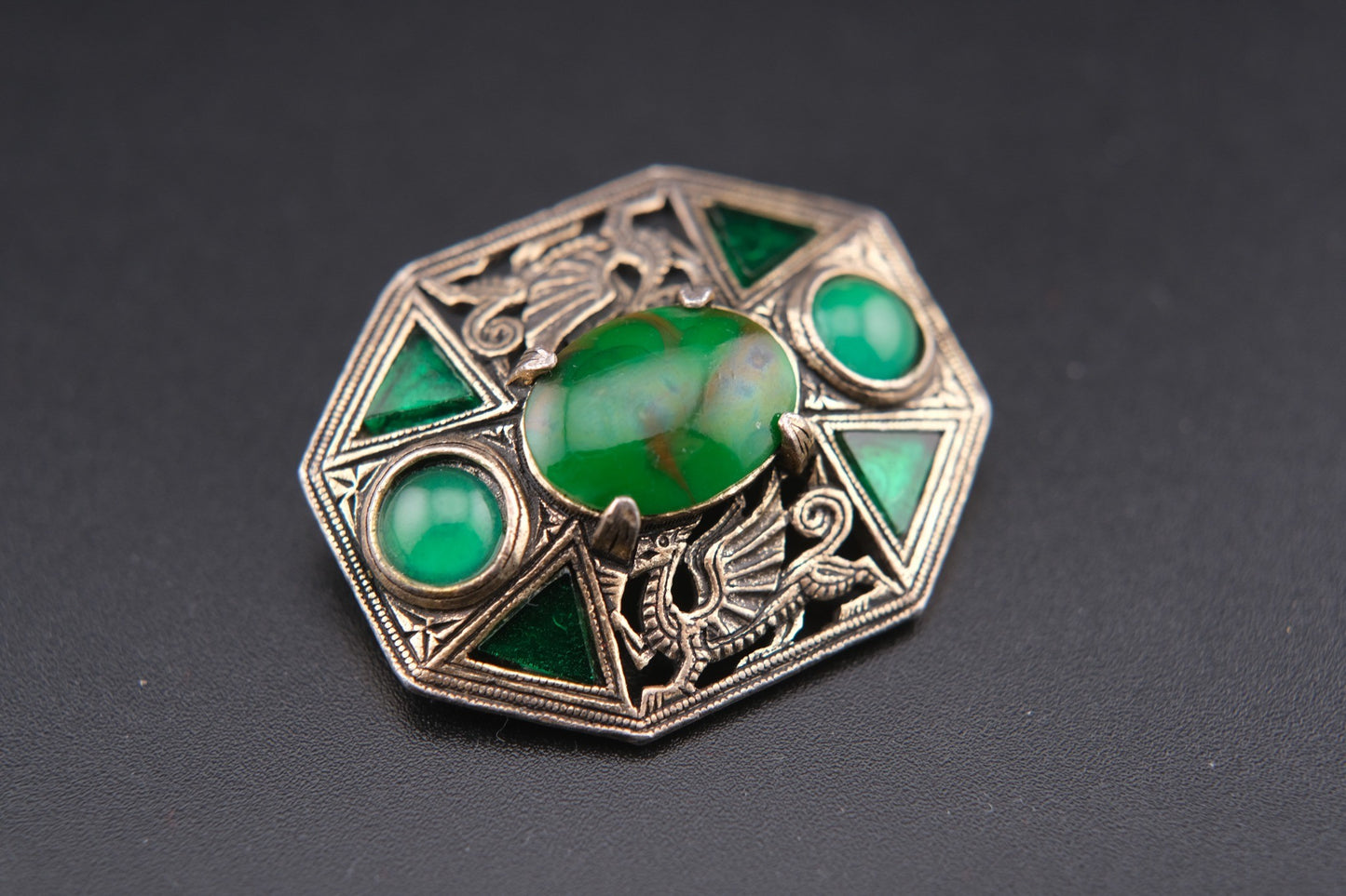 Rare Vintage Miracle Brooch – Medieval Dragon & Celtic Design with Green Glass