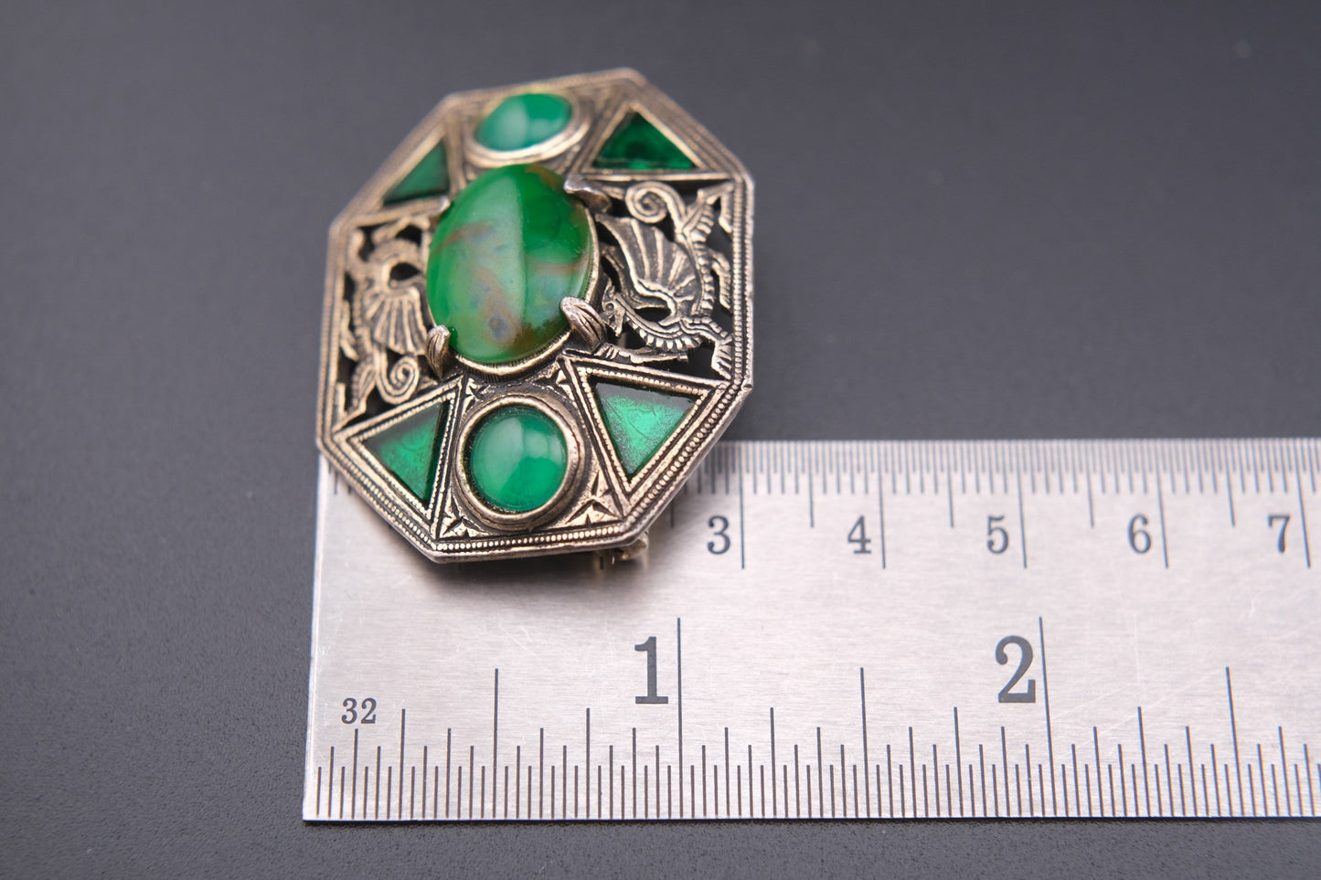 Rare Vintage Miracle Brooch – Medieval Dragon & Celtic Design with Green Glass