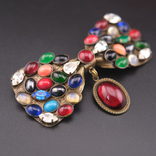 Vintage Multicolor Cabochon Bow Brooch with Dangling Red Glass Stone – Whimsical Statement Jewelry