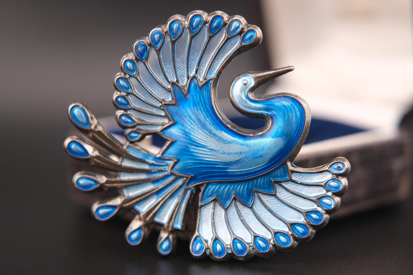 Vintage David-Andersen Sterling Silver & Enamel Bird Brooch – Norway, Blue Guilloché