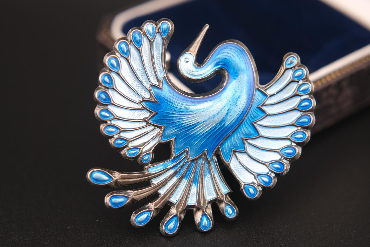 Vintage David-Andersen Sterling Silver & Enamel Bird Brooch – Norway, Blue Guilloché