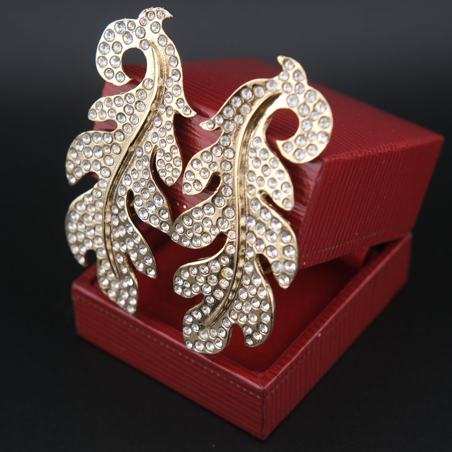 Vintage Signed Hanae Mori Gold-Tone Leaf Crystal Clip-On Earrings