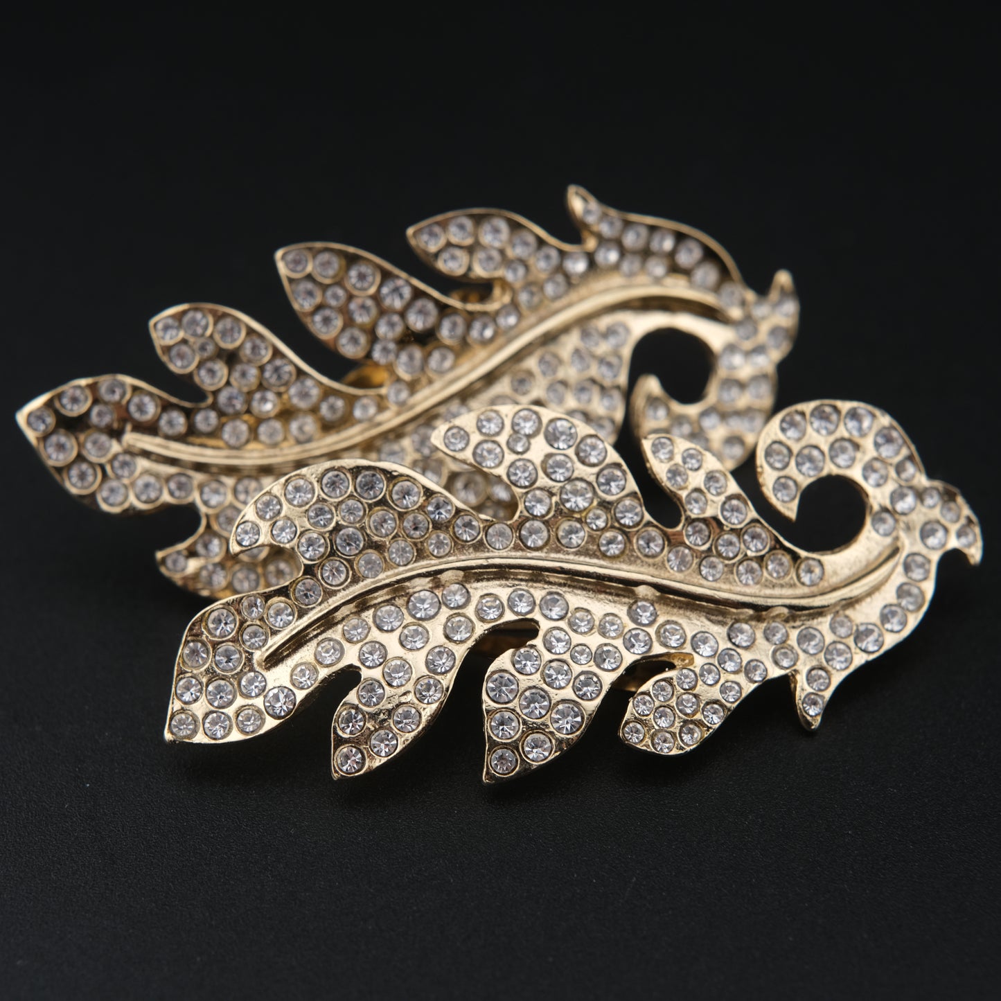 Vintage Signed Hanae Mori Gold-Tone Leaf Crystal Clip-On Earrings