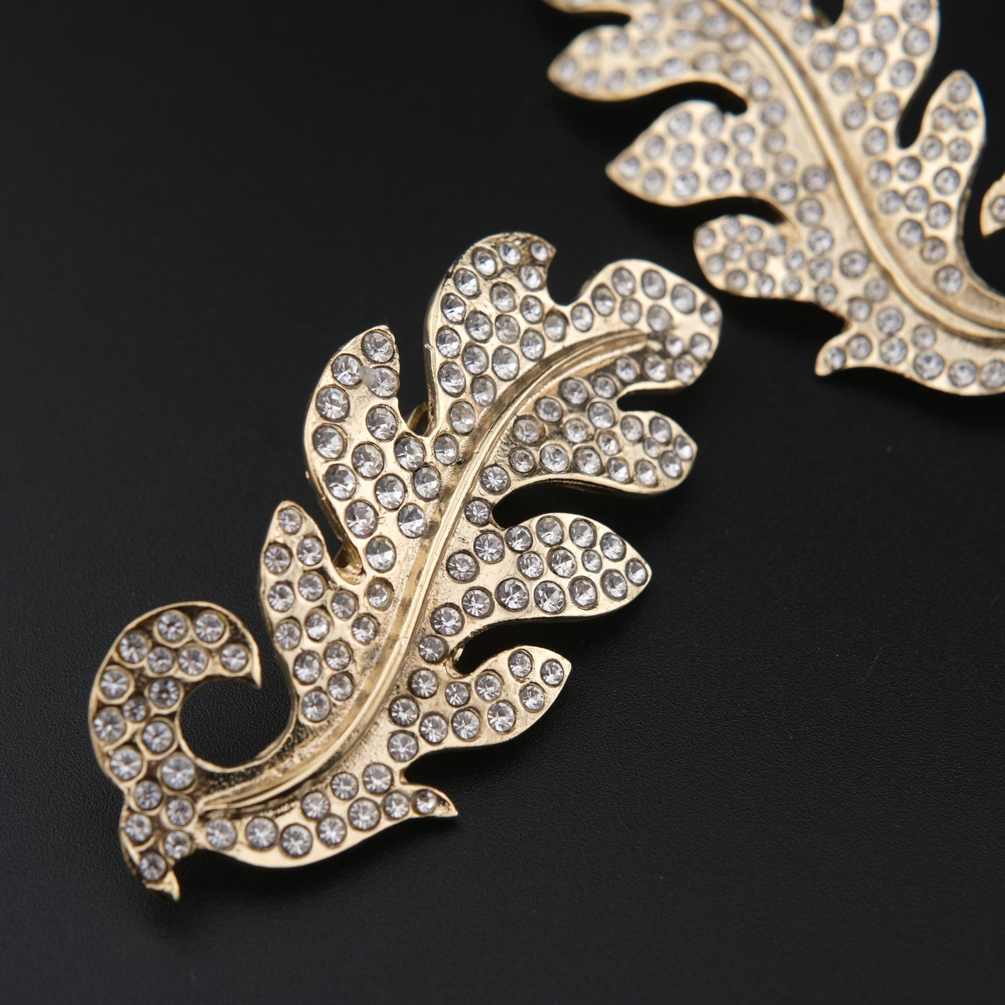 Vintage Signed Hanae Mori Gold-Tone Leaf Crystal Clip-On Earrings