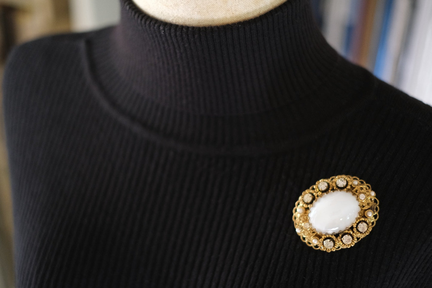 🤍 Vintage West Germany White Cabochon Filigree Brooch with Faux Pearls & Rhinestones