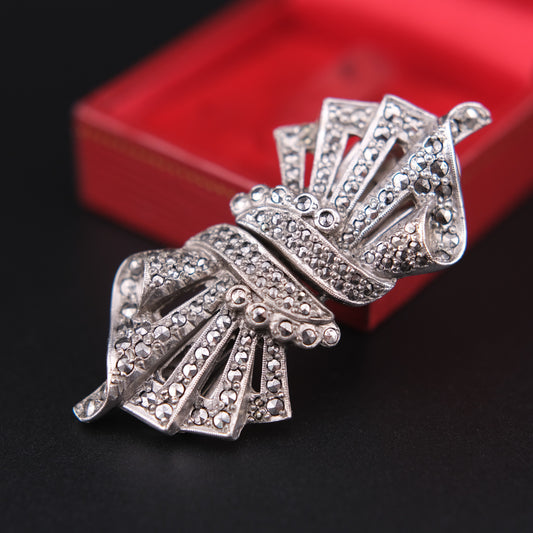 ❤️Vintage Silver-Tone Marcasite Duette Brooch | Art Deco Style | Convertible Double Clip Design