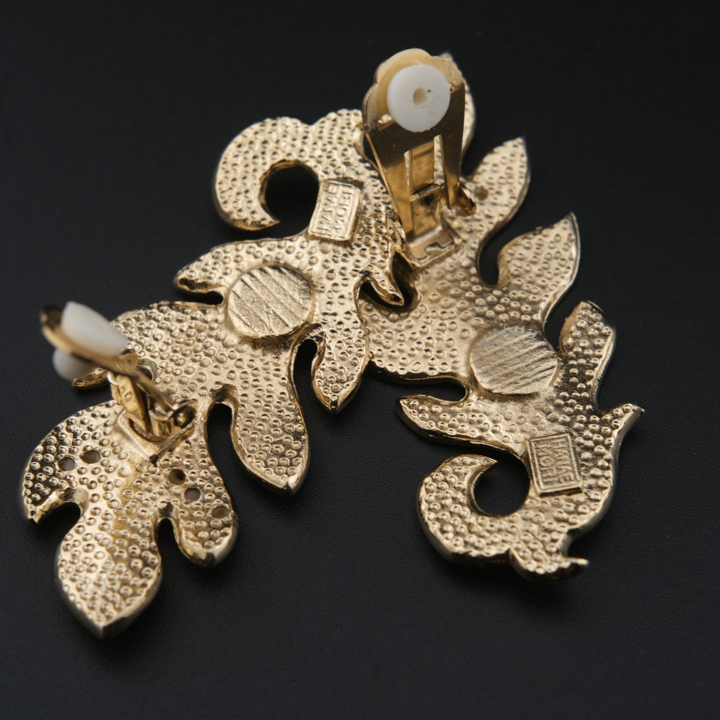 Vintage Signed Hanae Mori Gold-Tone Leaf Crystal Clip-On Earrings