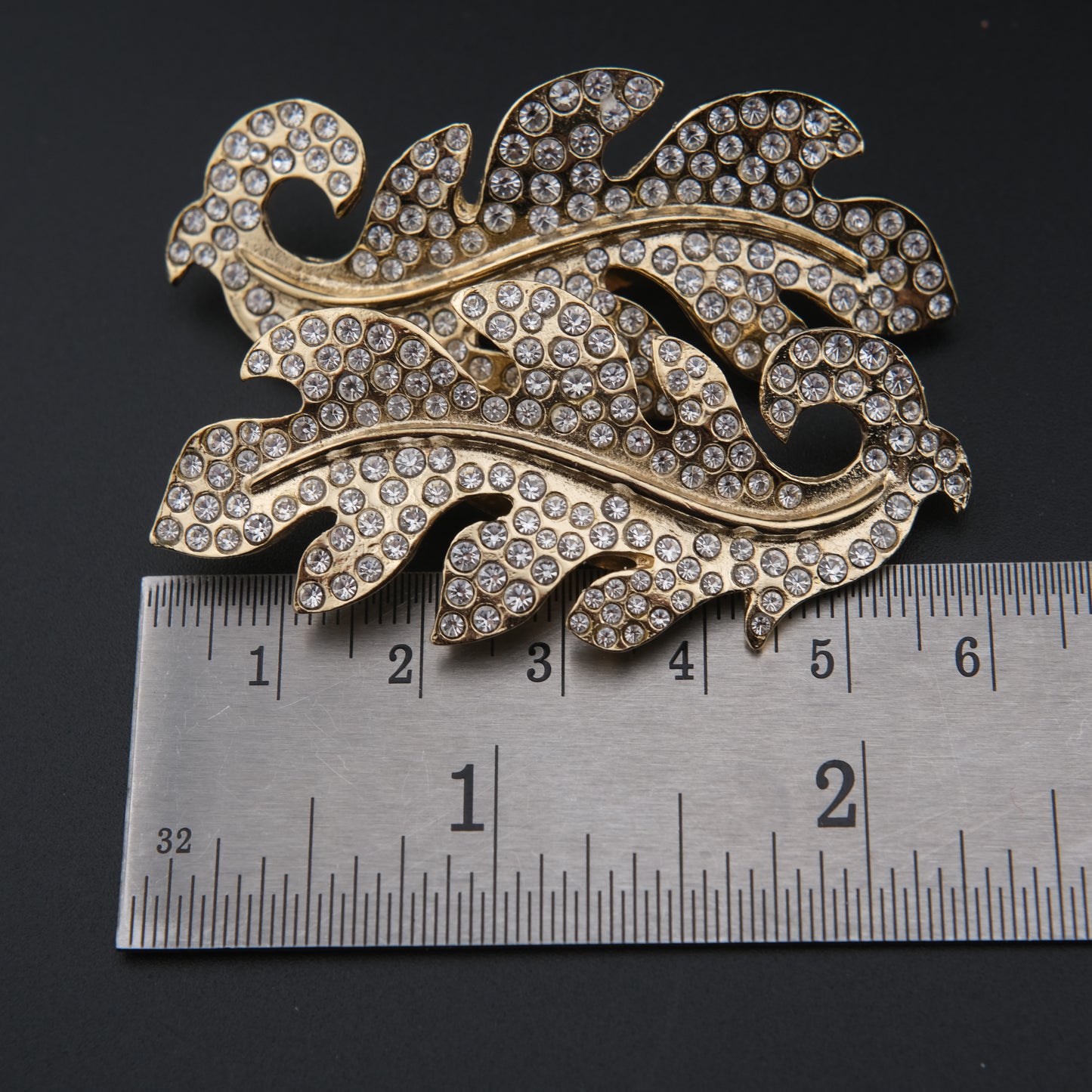 Vintage Signed Hanae Mori Gold-Tone Leaf Crystal Clip-On Earrings