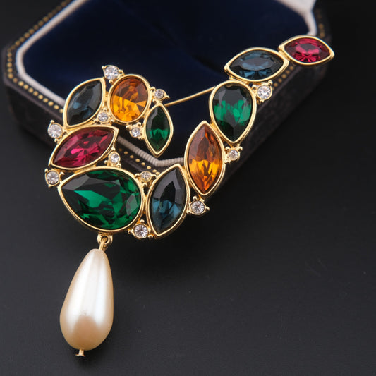 Vintage Monet Multi-Gemstone Brooch with Faux Pearl Drop