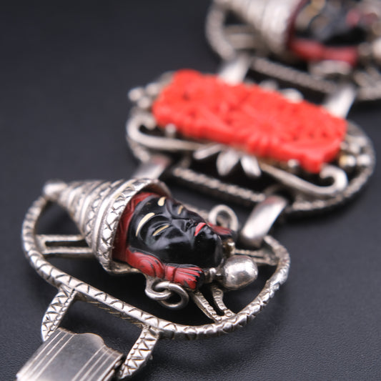 ❤️ Vintage Unsigned Selro Selini Thai Girl Face Faux Coral Panel Bracelet