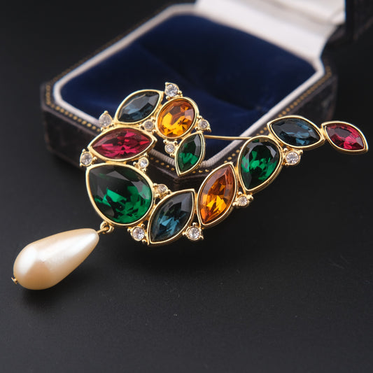 Vintage Monet Multi-Gemstone Brooch with Faux Pearl Drop