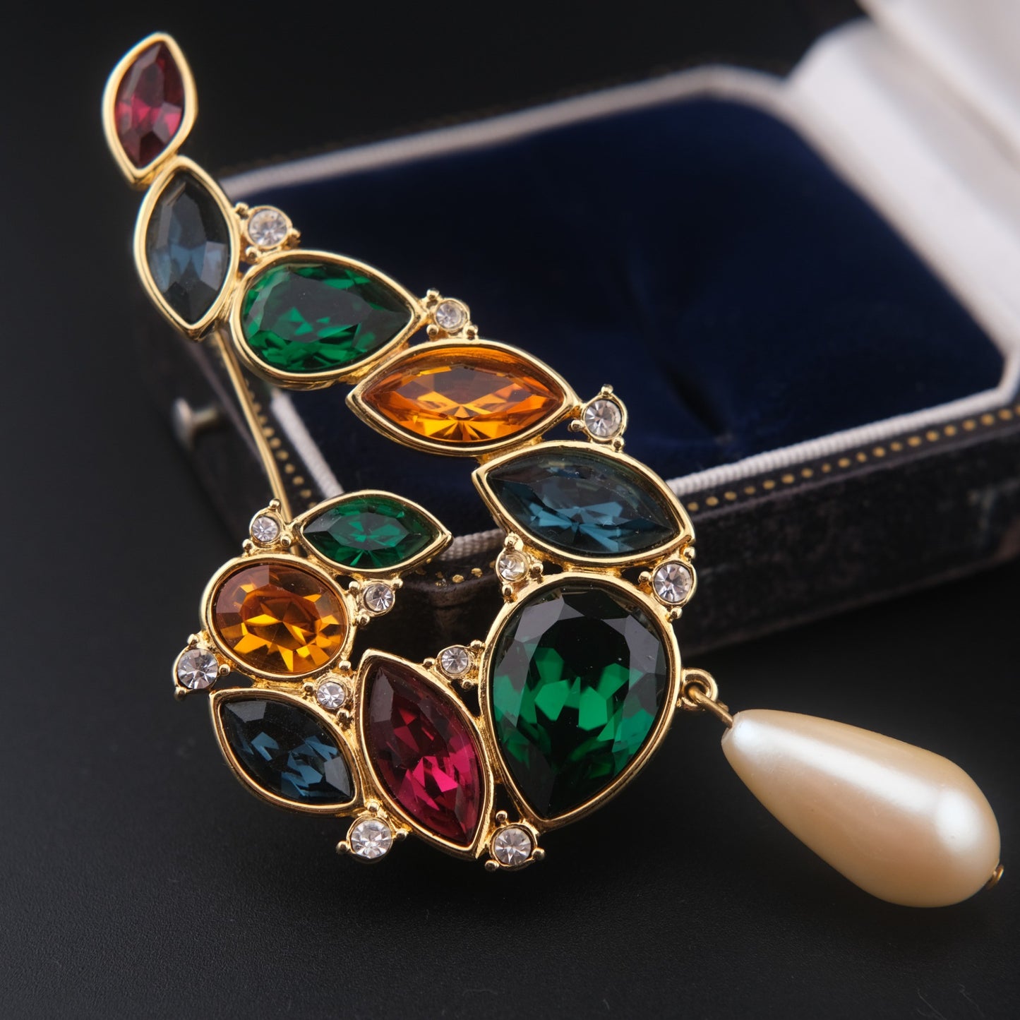 Vintage Monet Multi-Gemstone Brooch with Faux Pearl Drop