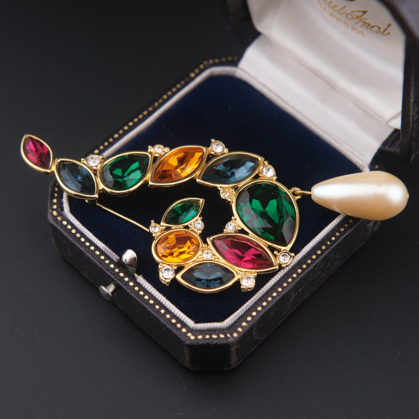 Vintage Monet Multi-Gemstone Brooch with Faux Pearl Drop