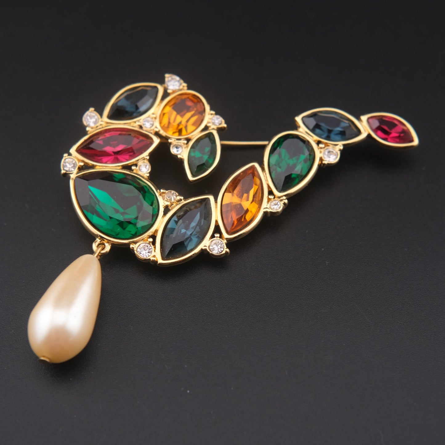 Vintage Monet Multi-Gemstone Brooch with Faux Pearl Drop