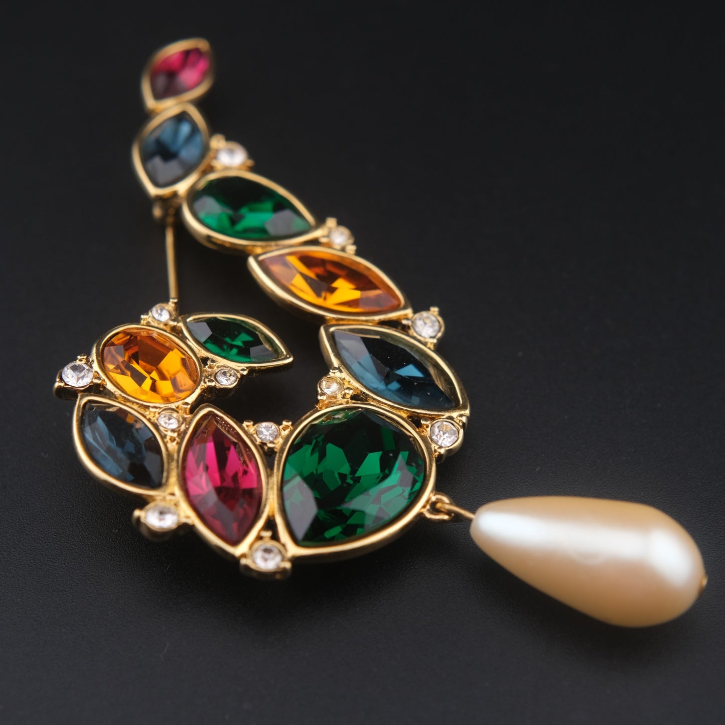 Vintage Monet Multi-Gemstone Brooch with Faux Pearl Drop