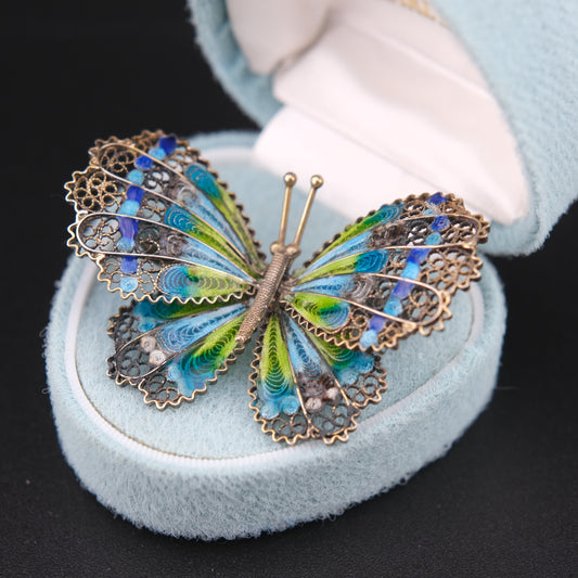 ❤️ Vintage 900 Silver Filigree Enamel Butterfly Brooch