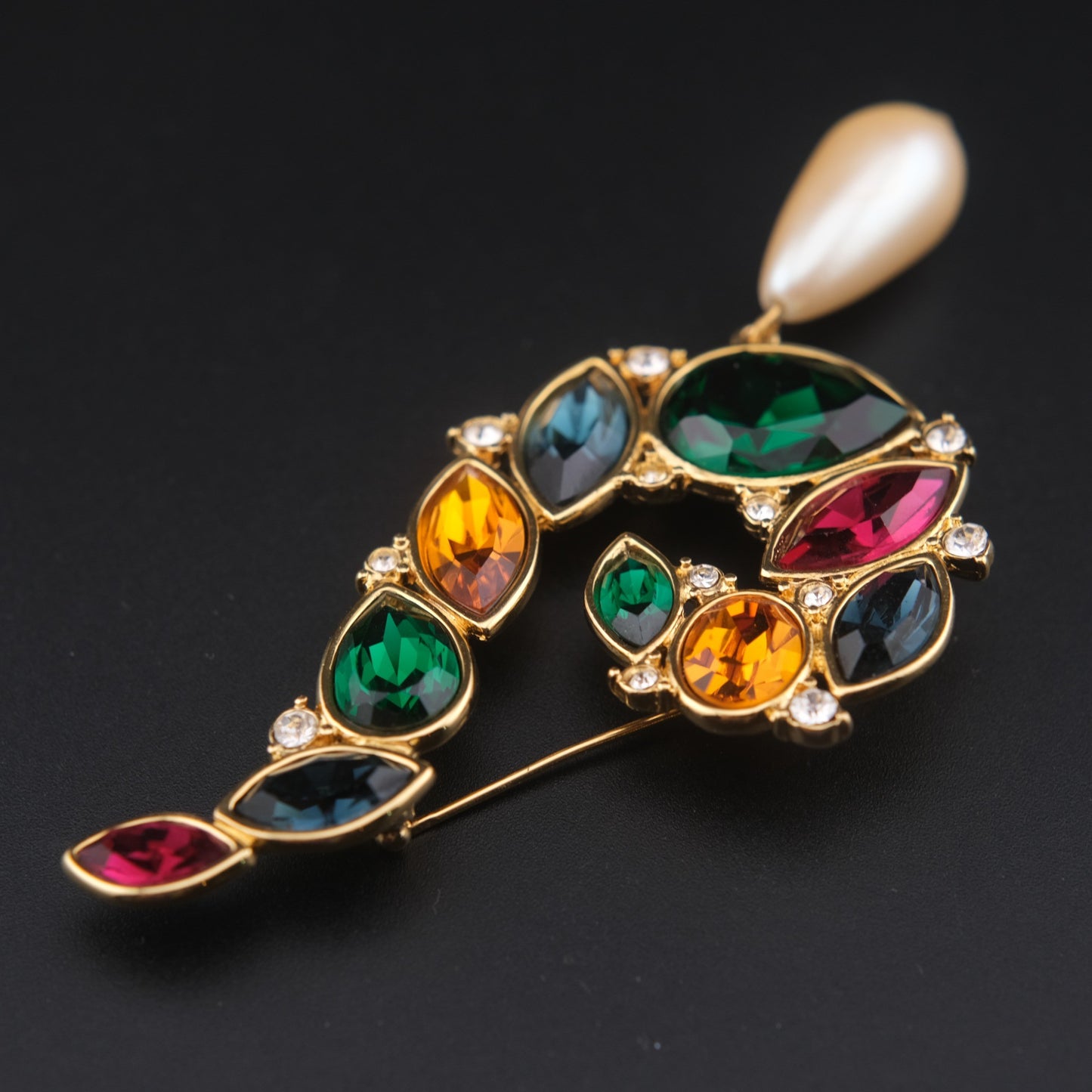 Vintage Monet Multi-Gemstone Brooch with Faux Pearl Drop