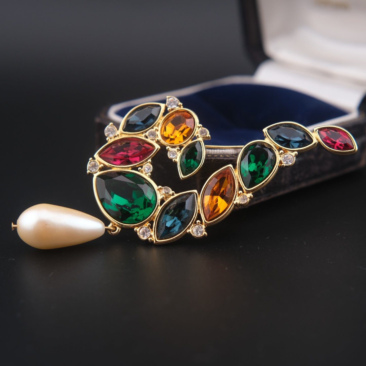 Vintage Monet Multi-Gemstone Brooch with Faux Pearl Drop