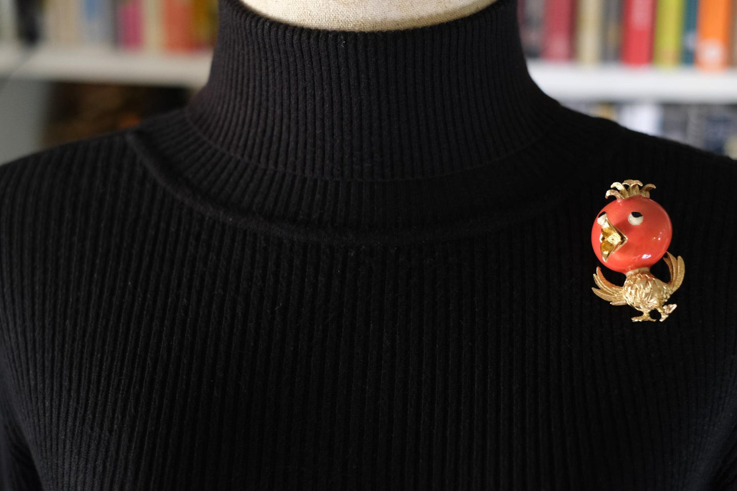 Ciner Song Bird Brooch – Gold-Tone with Coral Red Enamel Head