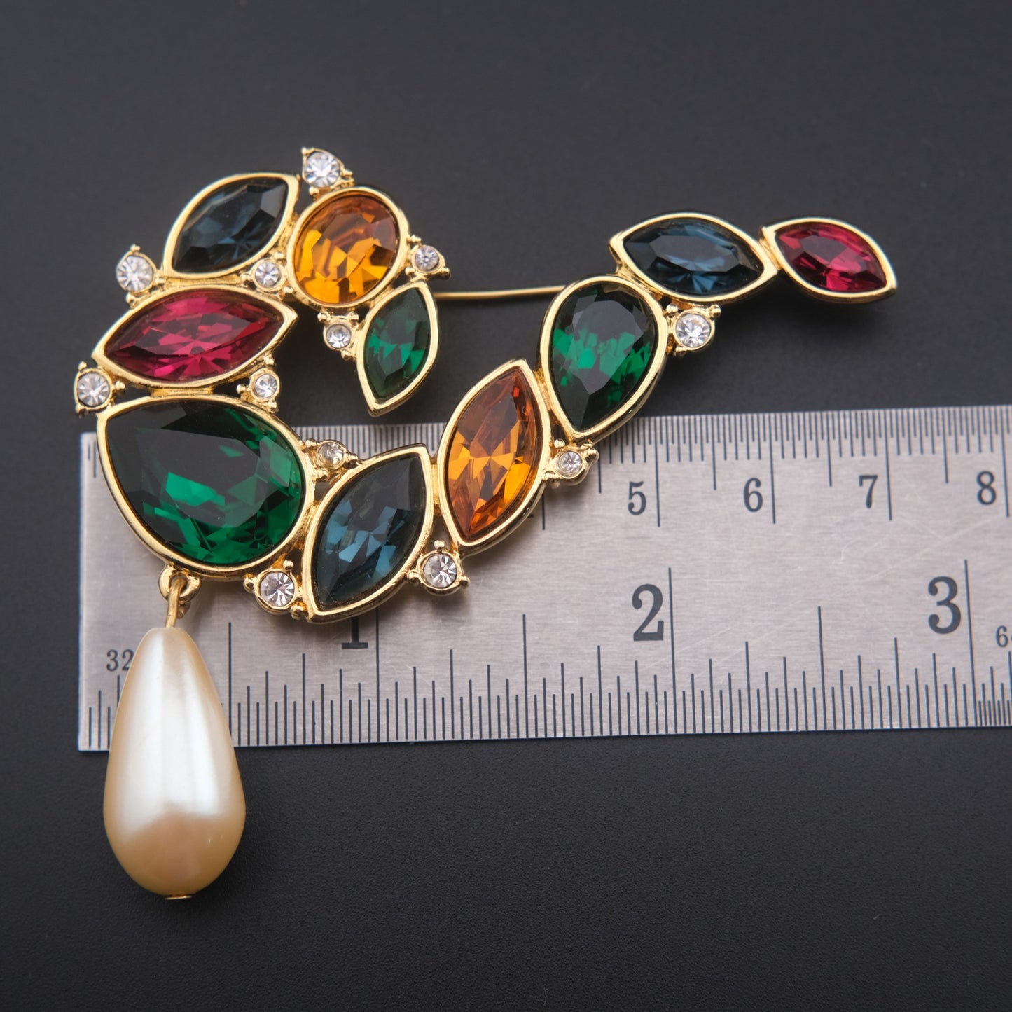 Vintage Monet Multi-Gemstone Brooch with Faux Pearl Drop