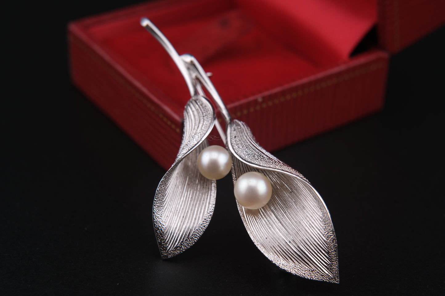 Vintage Mikimoto Sterling Silver Calla Lily Brooch with Cultured Akoya
