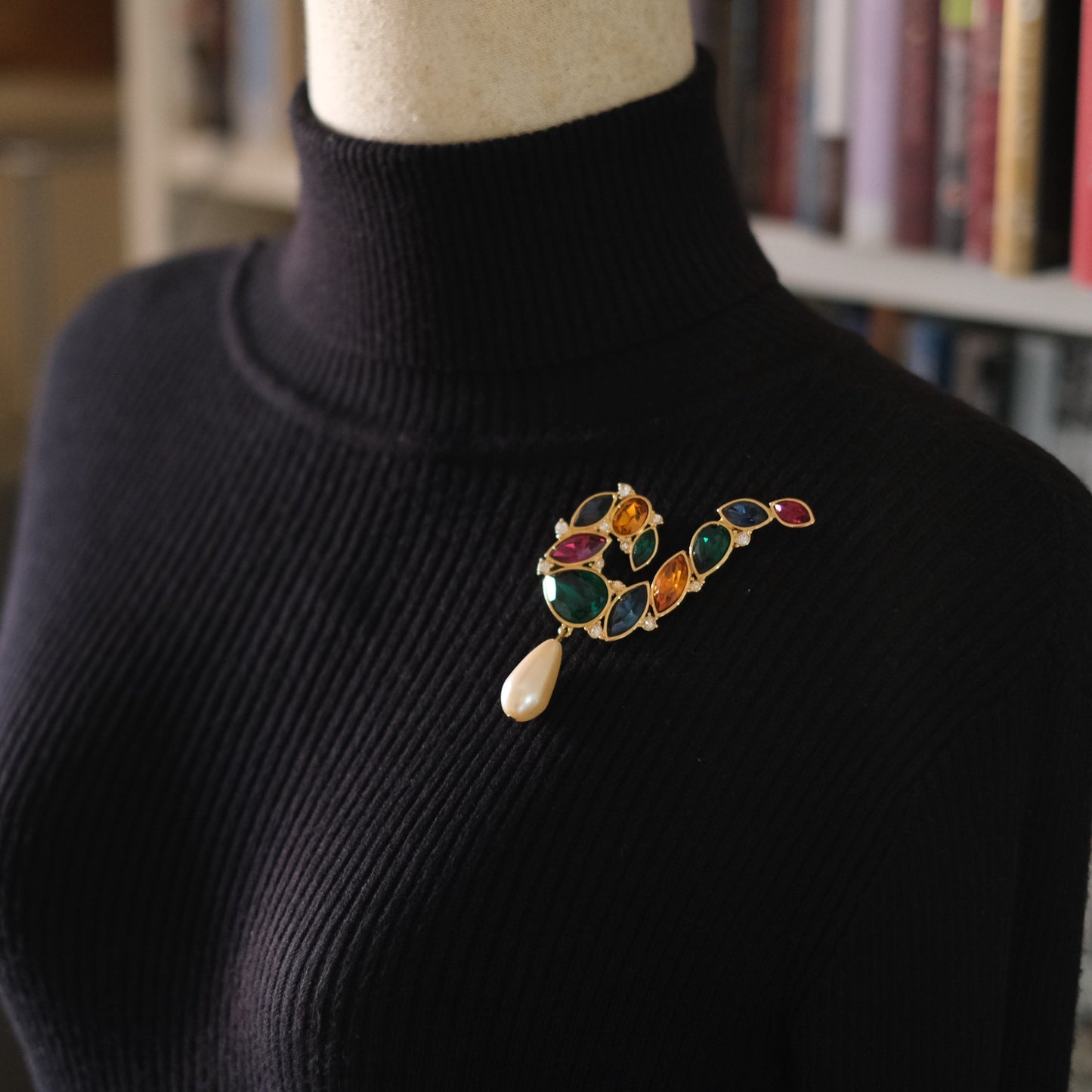 Vintage Monet Multi-Gemstone Brooch with Faux Pearl Drop