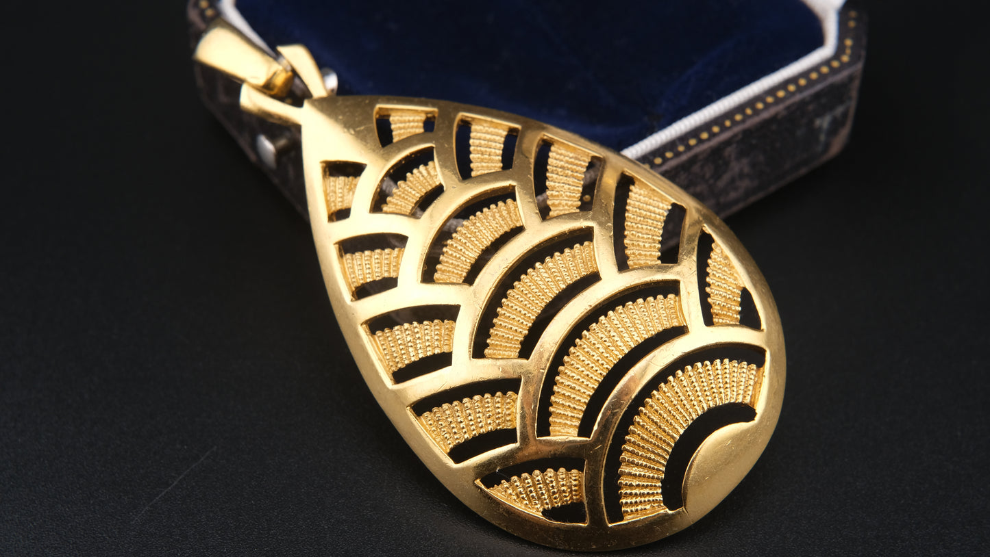Vintage Crown Trifari Fan Motif Pendant – Gold-Tone Modernist Leaf Design – 1960s Pendant Only