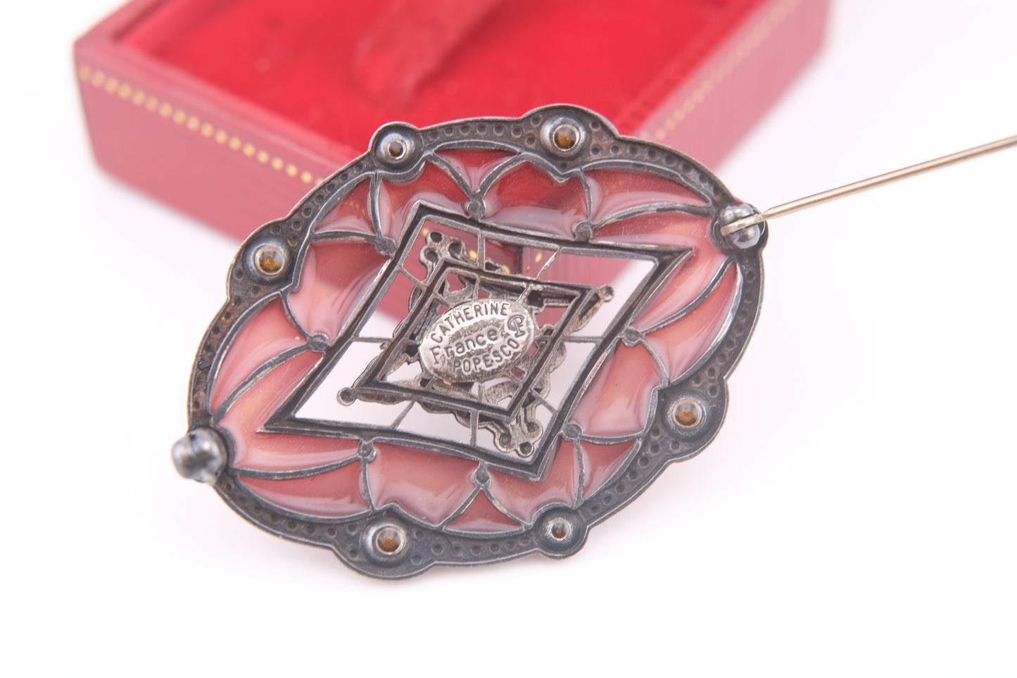 Catherine Popesco Brooch – Burgundy Enamel with Crystal Accents