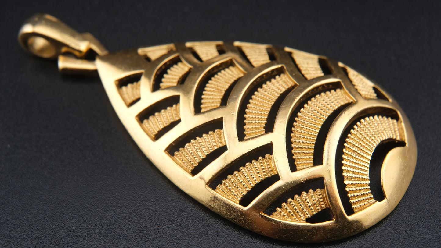 Vintage Crown Trifari Fan Motif Pendant – Gold-Tone Modernist Leaf Design – 1960s Pendant Only