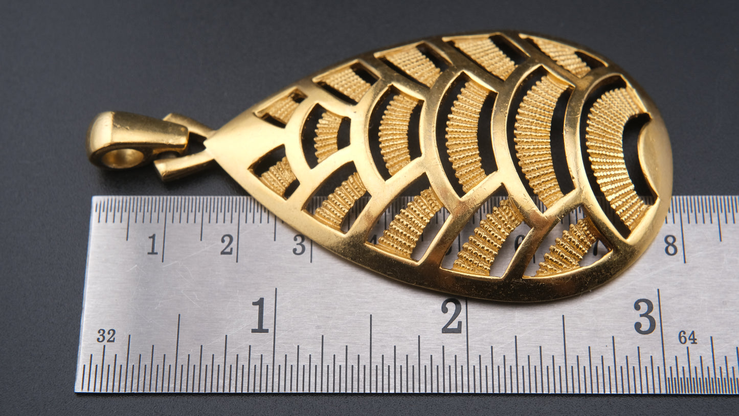 Vintage Crown Trifari Fan Motif Pendant – Gold-Tone Modernist Leaf Design – 1960s Pendant Only