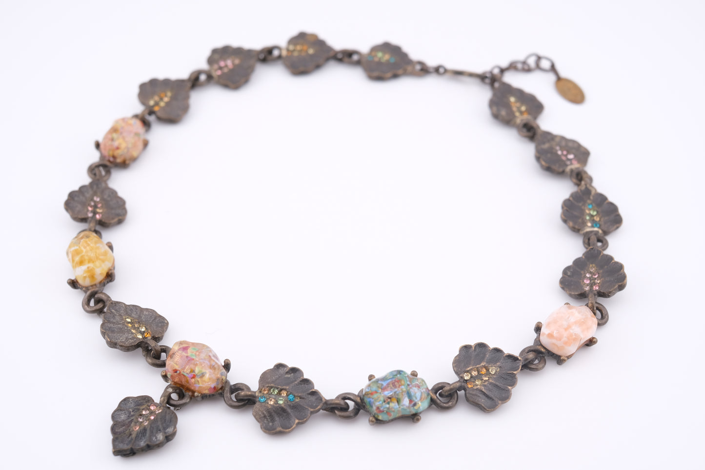 Vintage Jay Strongwater Floral Leaf Necklace with Murano-Style Art Glass & Rhinestones
