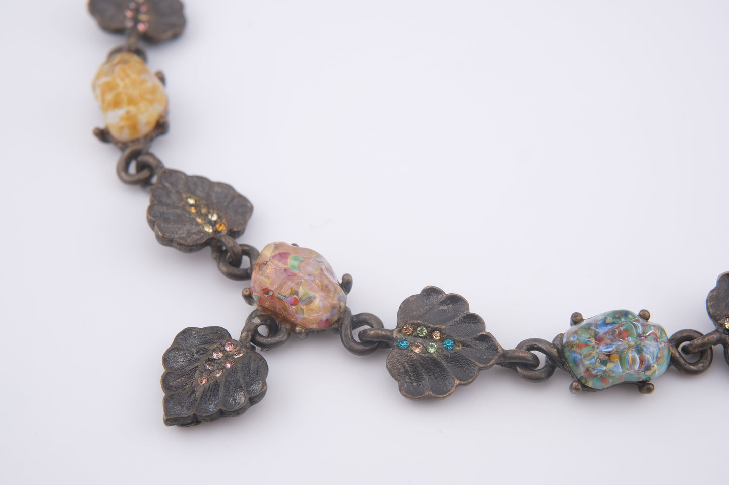 Vintage Jay Strongwater Floral Leaf Necklace with Murano-Style Art Glass & Rhinestones