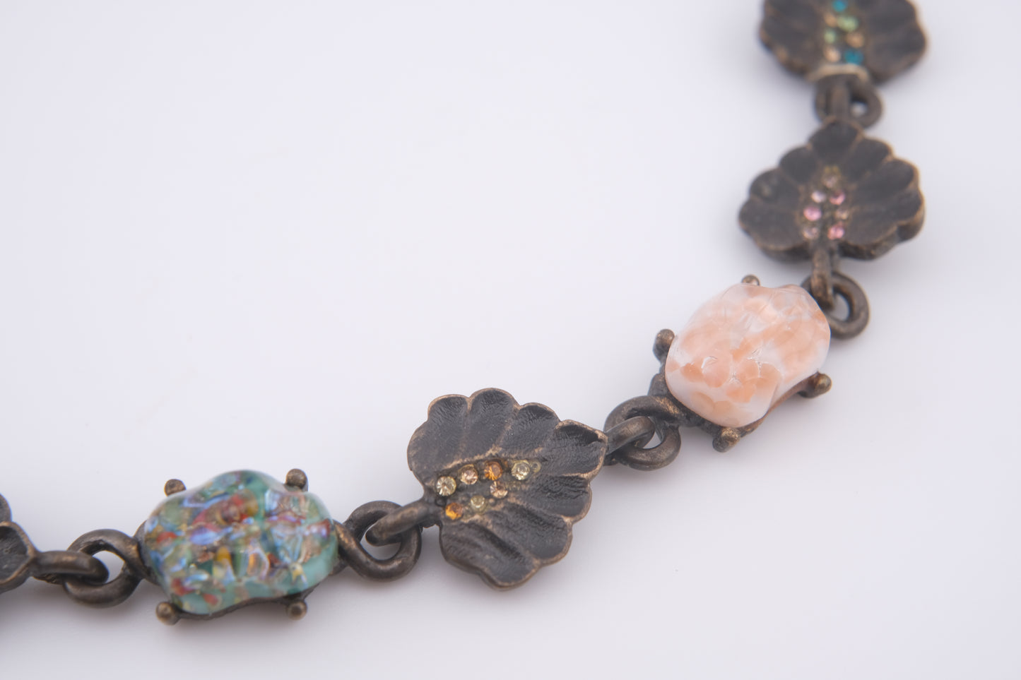 Vintage Jay Strongwater Floral Leaf Necklace with Murano-Style Art Glass & Rhinestones