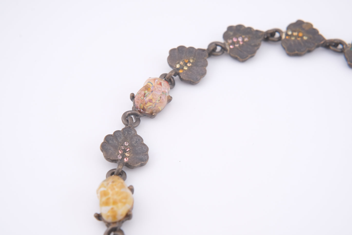 Vintage Jay Strongwater Floral Leaf Necklace with Murano-Style Art Glass & Rhinestones