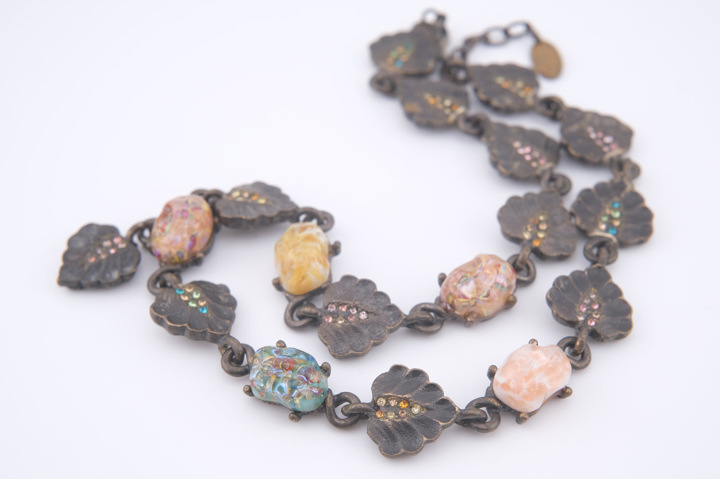Vintage Jay Strongwater Floral Leaf Necklace with Murano-Style Art Glass & Rhinestones