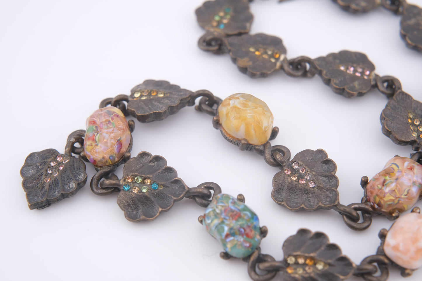 Vintage Jay Strongwater Floral Leaf Necklace with Murano-Style Art Glass & Rhinestones