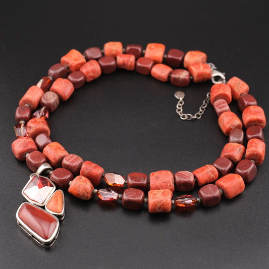Vintage Barse Red Coral & Jasper Multi-Strand Necklace with Sterling Silver Pendant
