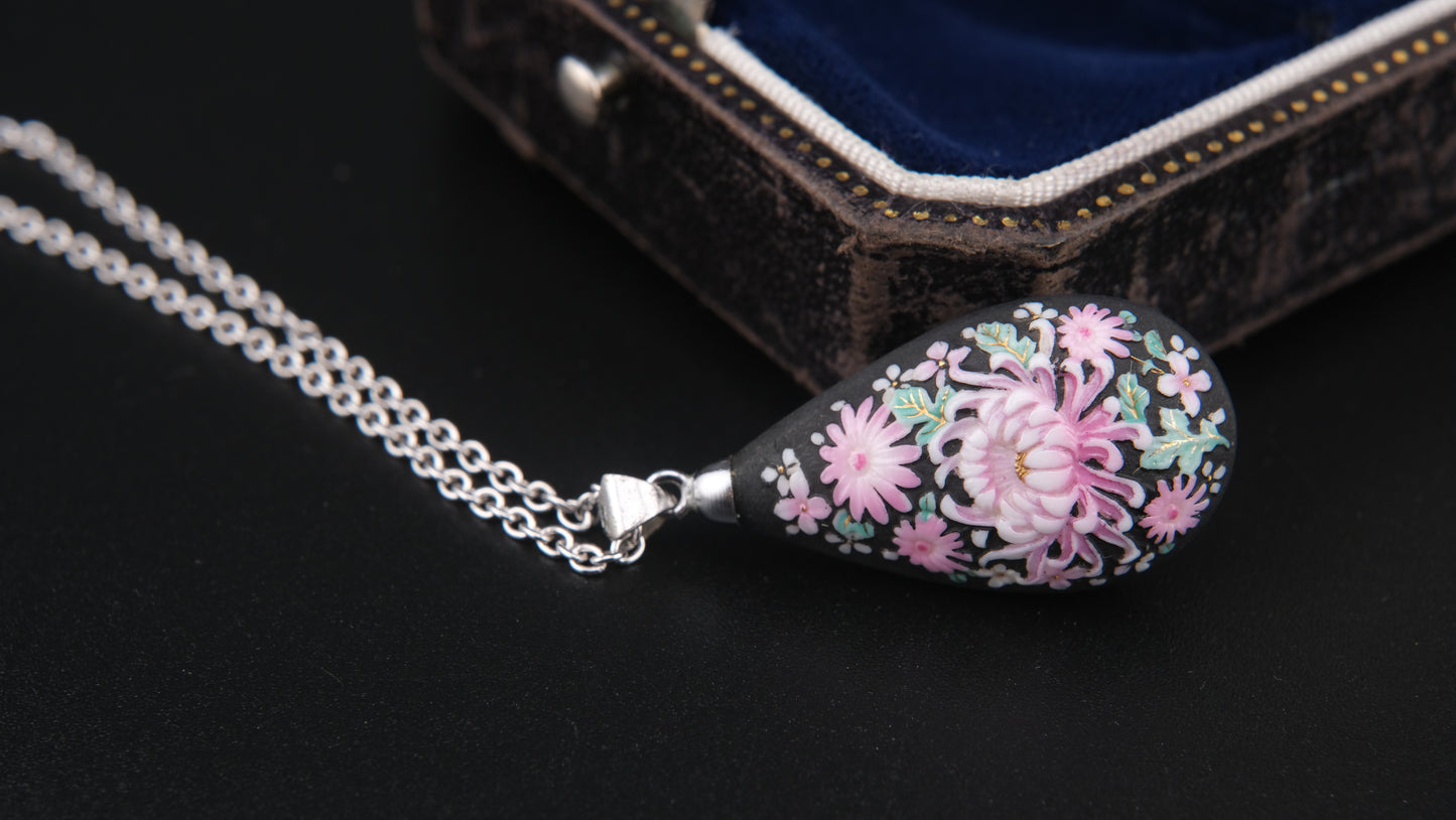 Toshikane Arita Double-Sided Porcelain Chrysanthemum Pendant Necklace with Sterling Silver Chain